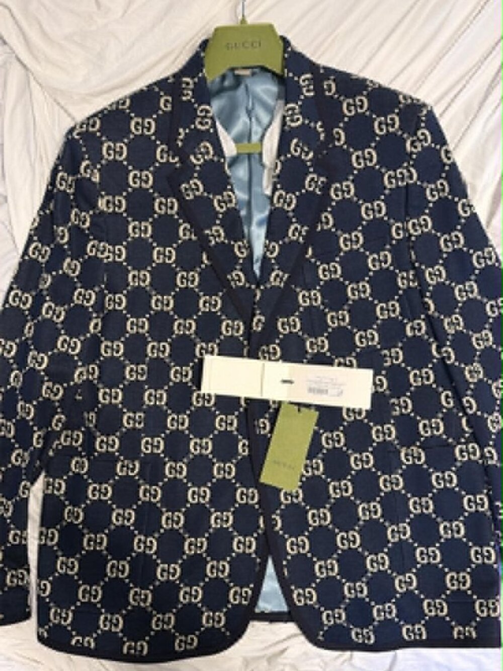 Gucci navy blue monogram blazer jacket featuring an all-over GG pattern SZ 62
